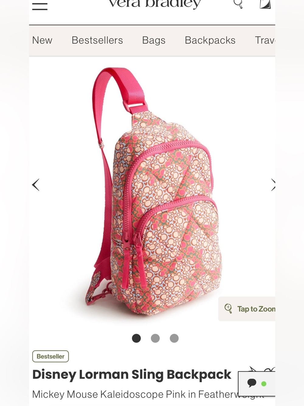 Vera Bradley Disney Hot Pink, Coral and Light Blue Patterned Crossbody Sling